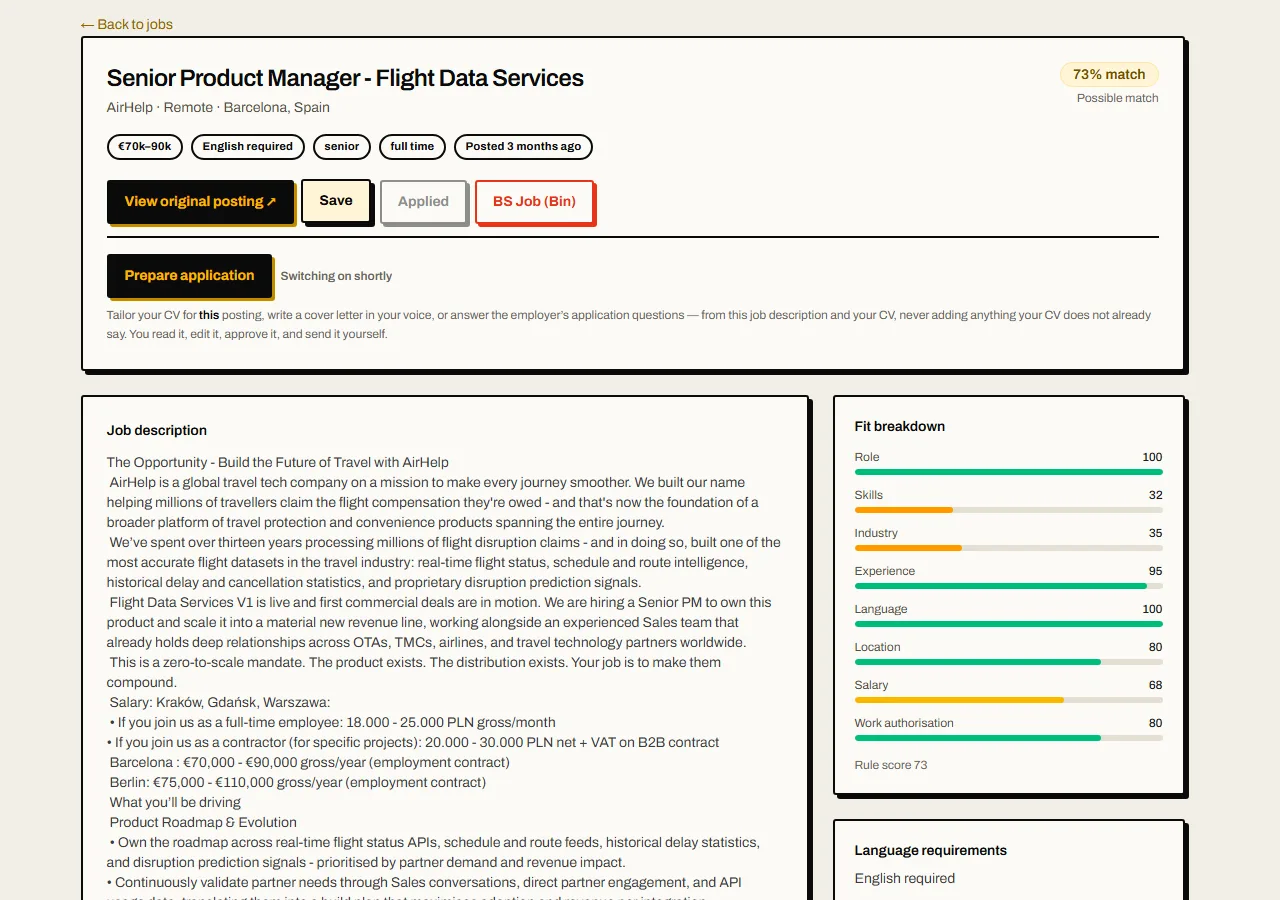 DUDsJobs job detail with a fit breakdown by role, skills, industry, experience, language, location, salary and work authorisation, and the rule score.