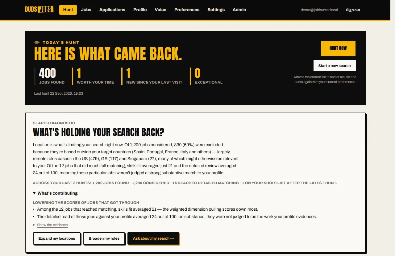 DUDsJobs hunt dashboard showing what the latest search returned and a search diagnostic explaining what is limiting the results.